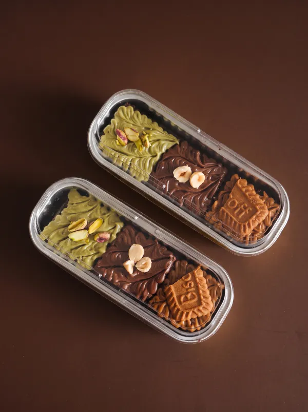 Trio Pack with pistachio, hazelnut and Biscoff brownies in a clear pack